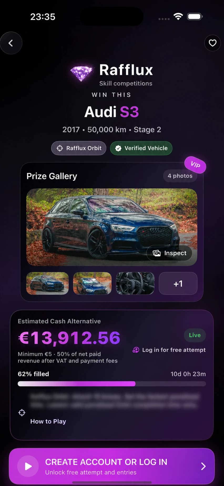 Fictional Rafflux app concept screen showing a luxury-item competition detail preview with gameplay details blurred
