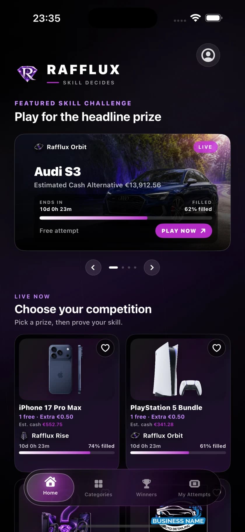Fictional Rafflux app concept screen showing a luxury-item skill competition preview